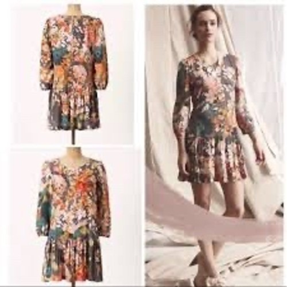 Meadow Rue Anthropologie Floral Drop Waist Mini Dress Navy Pink 2